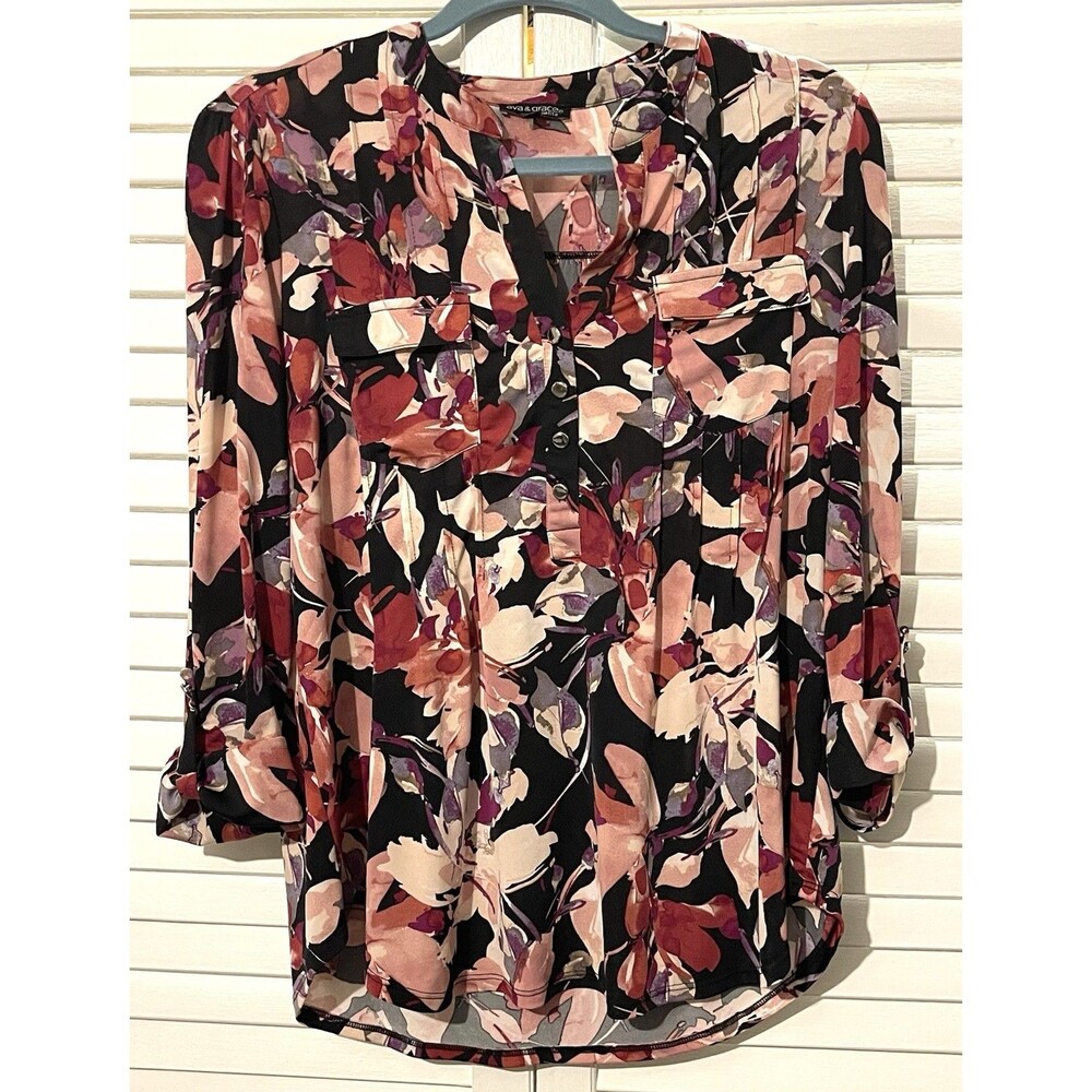 Ava & Grace Petite Shirt Vneck Pullover Pockets Black Floral Women’s Size PL